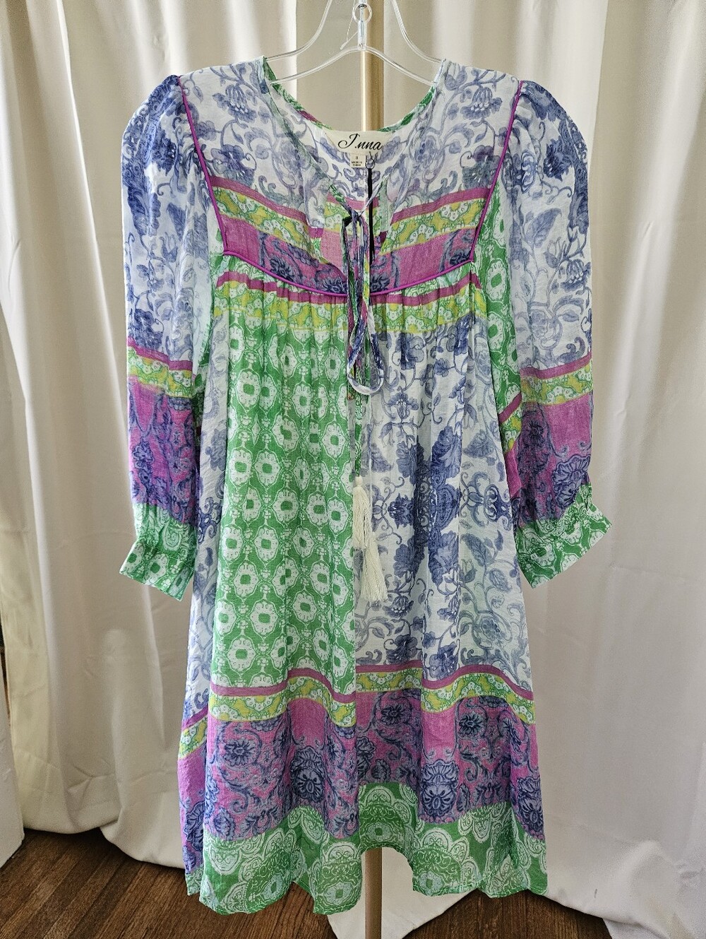 J.NNA Multi-Pattern Tunic Dress with Sheer Sleeves & Pockets | M - Picture 3 of 8
